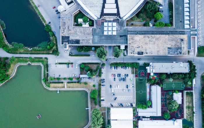 flood mitigation plan aerial view of building by water